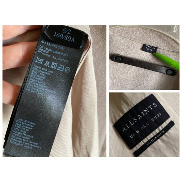 AllSaints City Monument Coat Italian Wool Draped Asymmetric US 2 Blush Beige - Picture 7 of 16